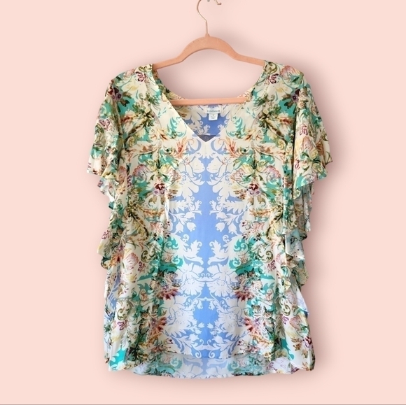 Sundance | Arabella Flutter Sleeve Top Size S Ruffle Rayon Floral Scroll Paisley - Picture 2 of 7